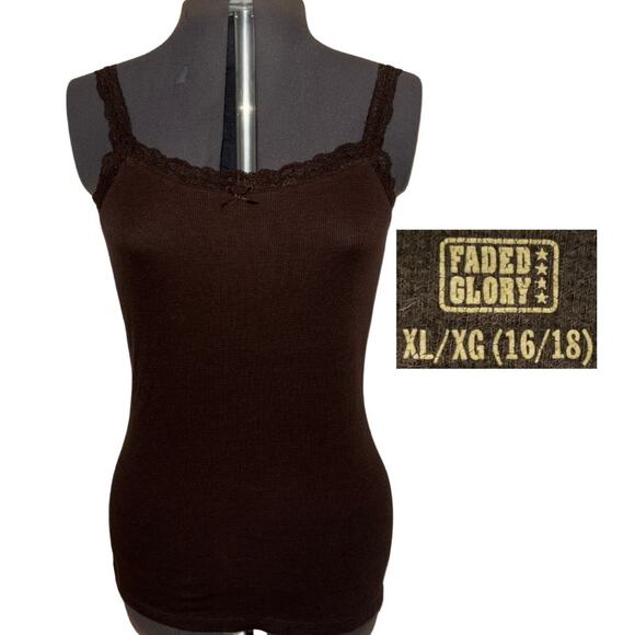 Faded Glory Lace Bow Cami Tank Top Brown Size XL Coquette Trashy Y2k Trendy - Picture 1 of 5